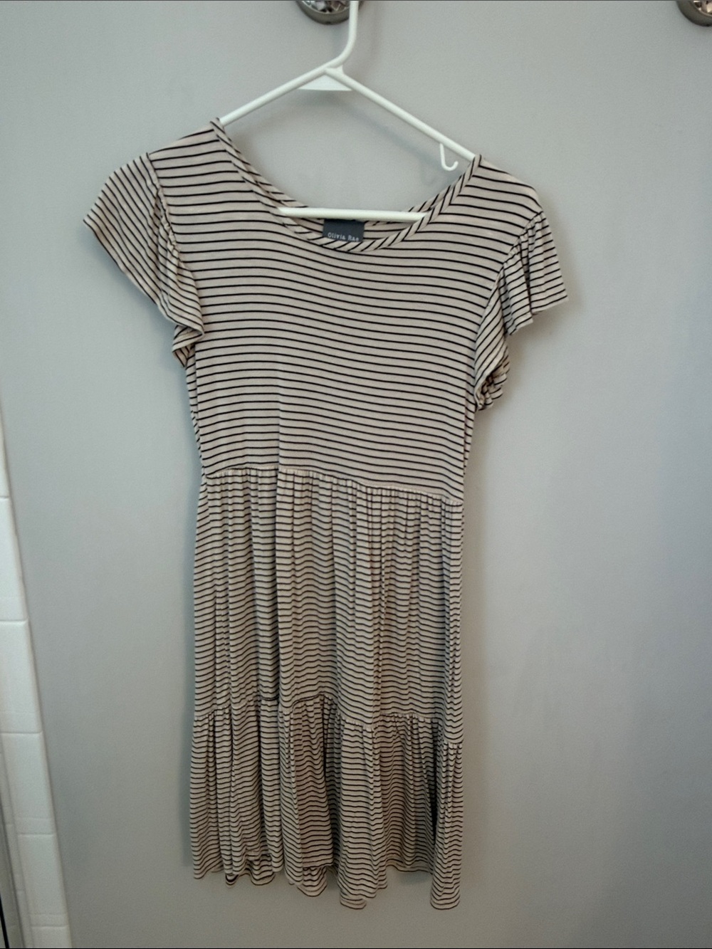 Olivia Rae Beige and Black Striped Short Sleeve Tiered Midi Dress